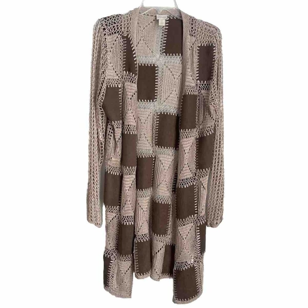 Chicos 0 Beige Faux Suede Patchwork  Long Cardigan Crochet Women's